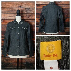Ruby Rd Jean Jacket 10 Black Metallic Denim Rhinestone Studded 3/4 Sleeve
